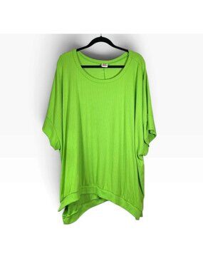 Zig Zag Stripe 2XL Neon Green Ribbed Oversized Top Short Sleeve Tunic